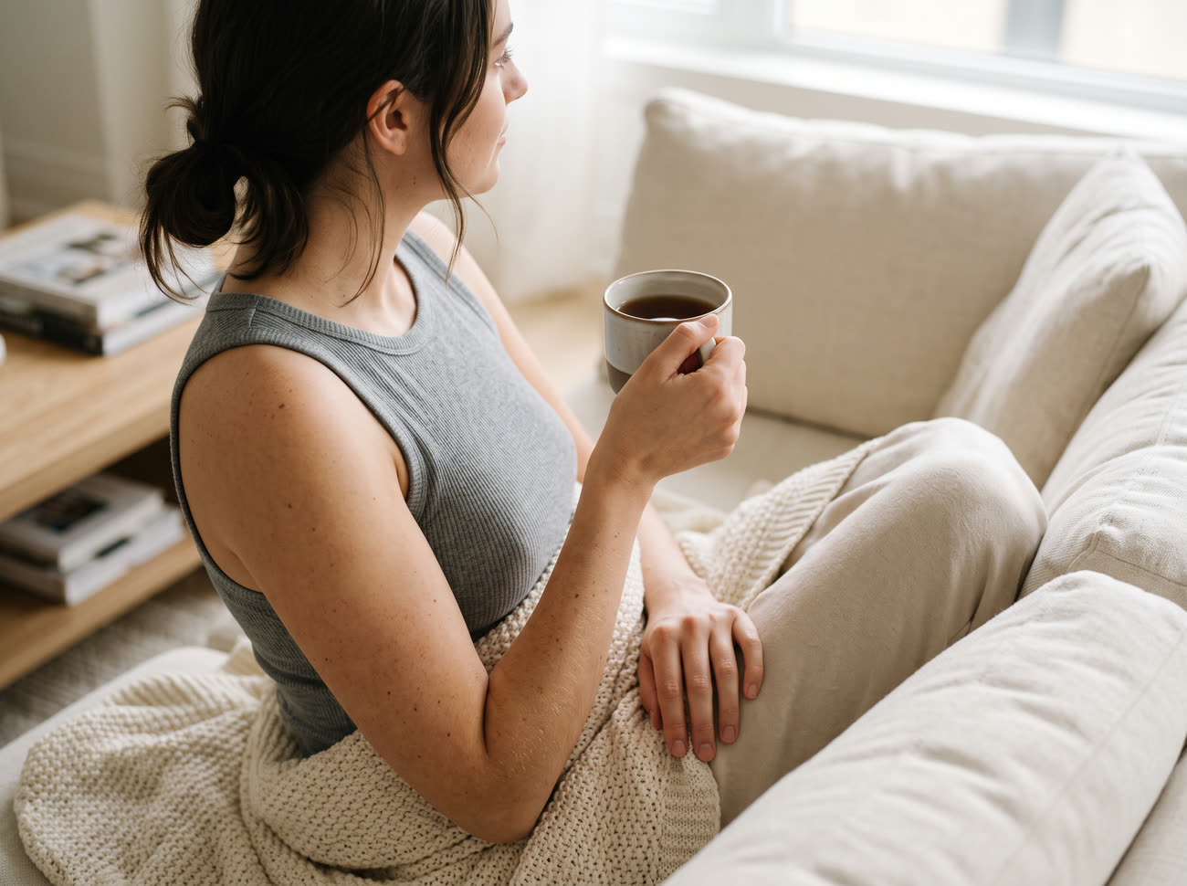 A woman in a gray vest sitting on a pale sofa in window light, holding a ceramic mug of tea with a knitted blanket across her lap and magazines stacked on the table behind