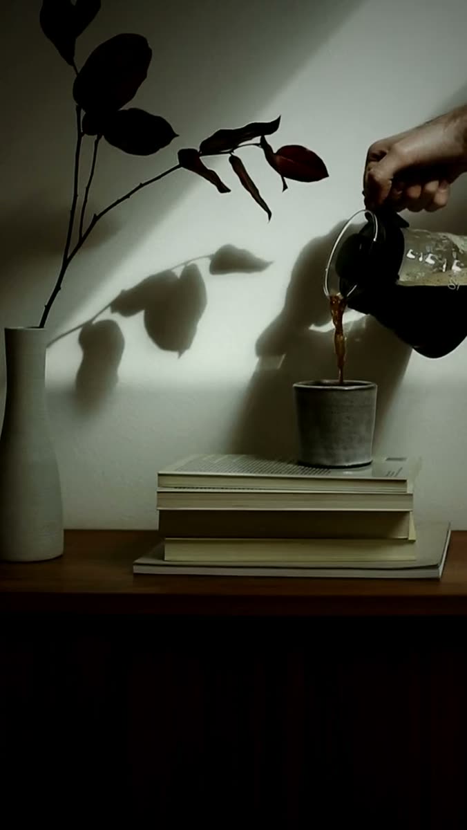 A hand tipping a glass carafe of coffee into a small stoneware cup balanced on a stack of hardback books, a dried branch in a white vase throwing hard leaf shadows across a pale wall, dark wood surface below