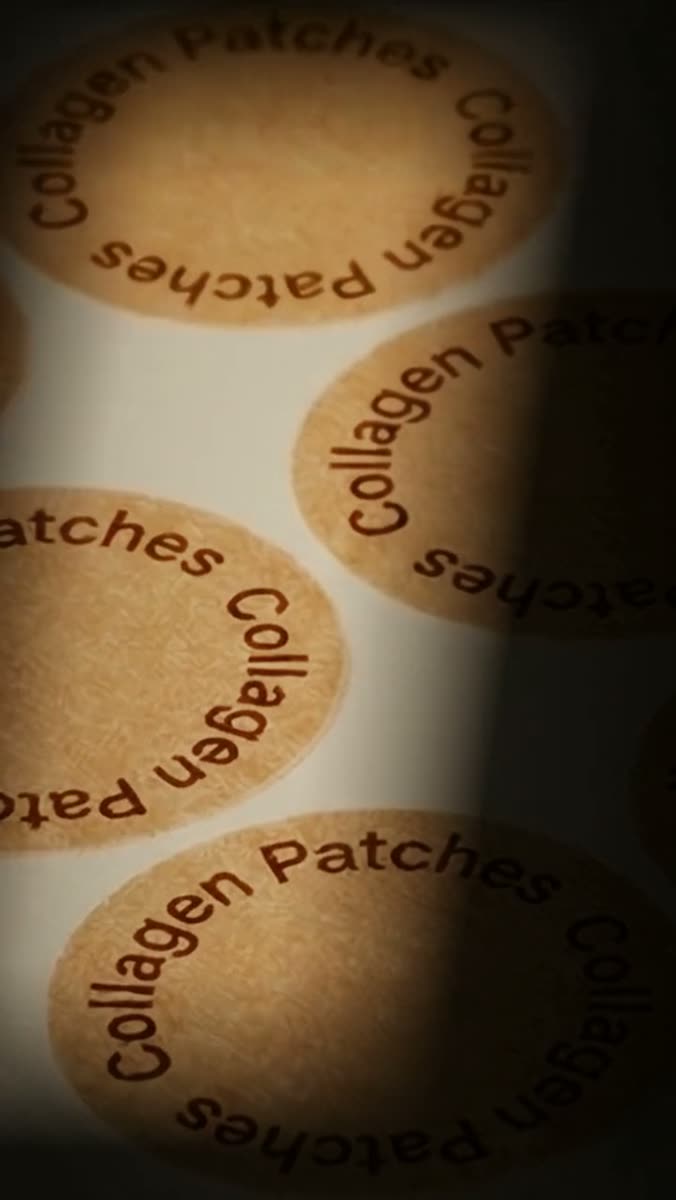 Extreme close-up of a roll of round tan wellness patches, each printed with the words Collagen Patches around its edge, lit by a soft band of light crossing the frame