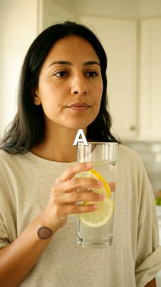 A woman in a kitchen holding a tall glass of lemon water, a small round patch on her wrist, a single large letter A overlaid at the top of the glass