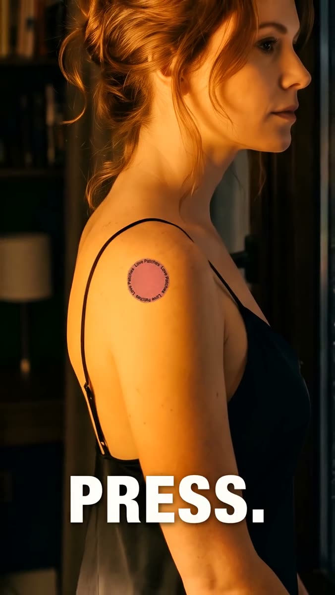 A woman in profile in warm lamplight, a round patch already on her upper arm and no hand in the frame, with the word PRESS set large in white capitals across the lower edge