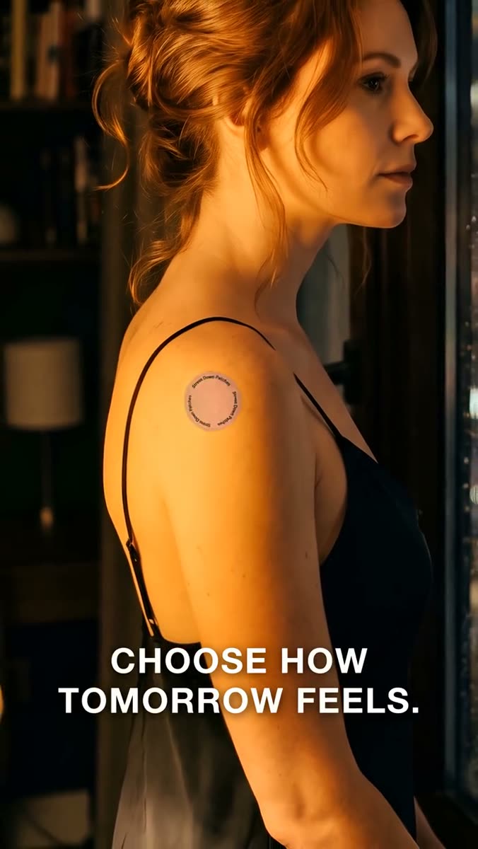 A woman in a black slip dress stands in profile by a window at golden hour, a small round wellness patch on her upper arm, with the caption CHOOSE HOW TOMORROW FEELS across the lower frame