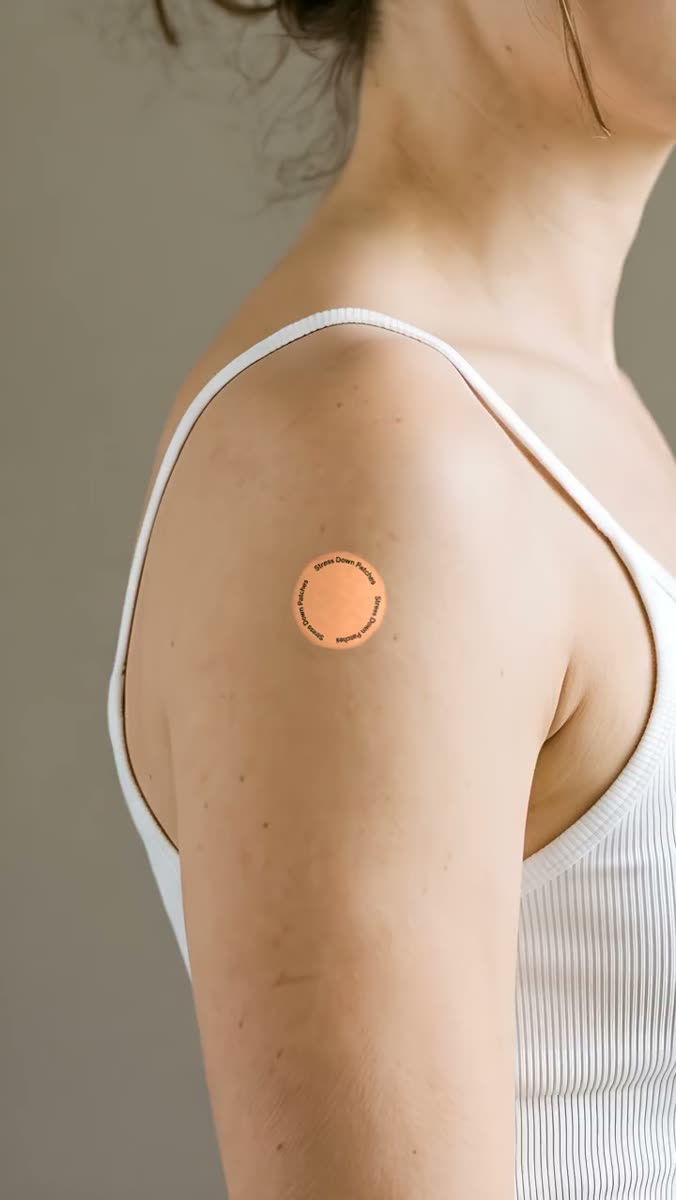 Close crop of a shoulder in a white ribbed vest with a round peach patch applied to the skin, its product name set in a ring around the rim