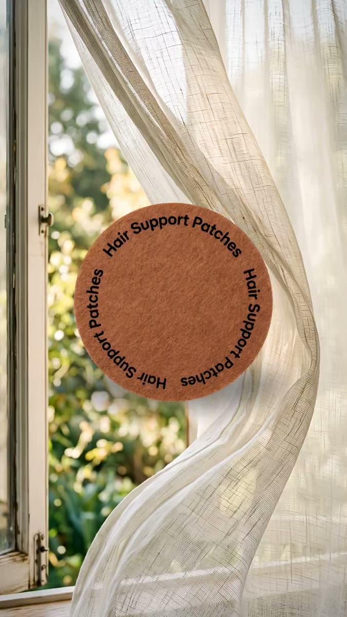 A large round tan felt patch printed with the words Hair Support Patches curved around its rim, floating in front of a sheer linen curtain at an open window with a sunlit green garden behind it
