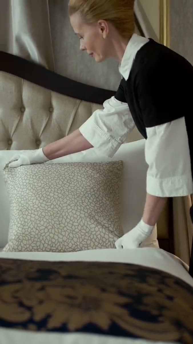 A housekeeper in a black waistcoat and white gloves setting a patterned cushion against a buttoned cream headboard, a gold-framed mirror and a tied-back drape behind her, a navy and gold quilt across the foot of the bed
