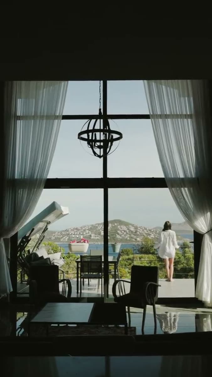 A dark interior looking out through a tall window frame to a terrace, sheer curtains at both sides and a small figure in white standing at the railing above a bay